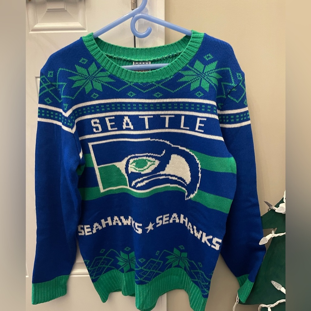 Seattle Seahawks Blue and Green Christmas Sweater. Size Large. New without tags